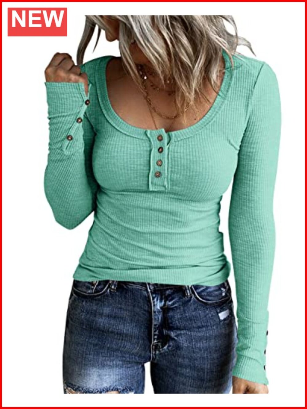 Womens Ribbed Knit Henley Long Sleeve Tunic Top Scoop V Neck Button Front